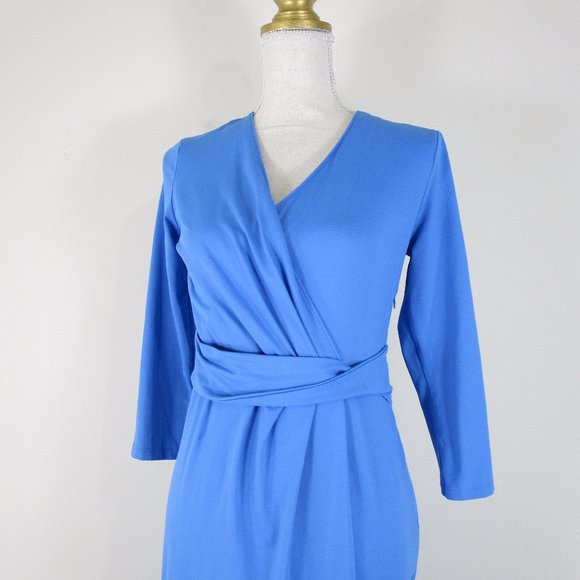 Talbots Womens Petite Solid Blue V-neck Faux Wrap Sheath Dress Size SP - Picture 2 of 9